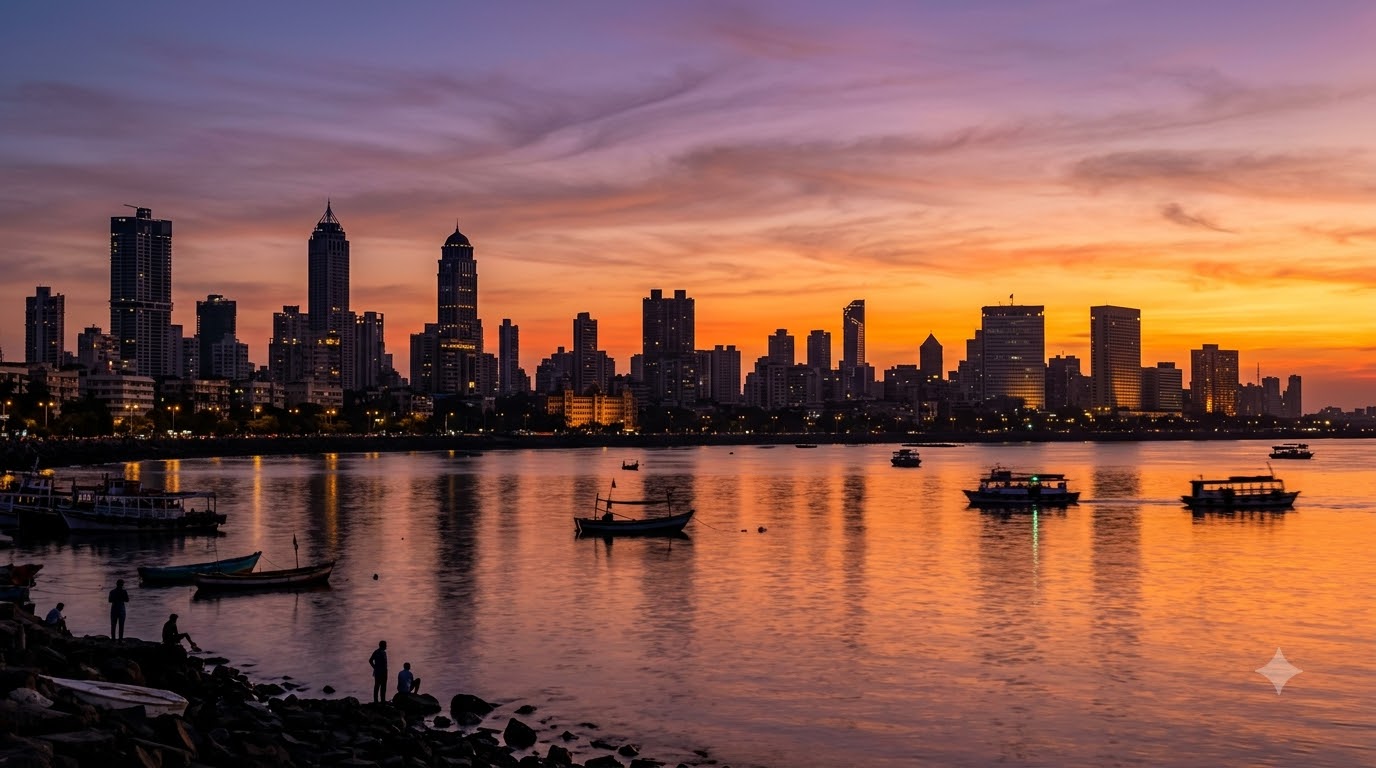 A city skyline across water at dusk